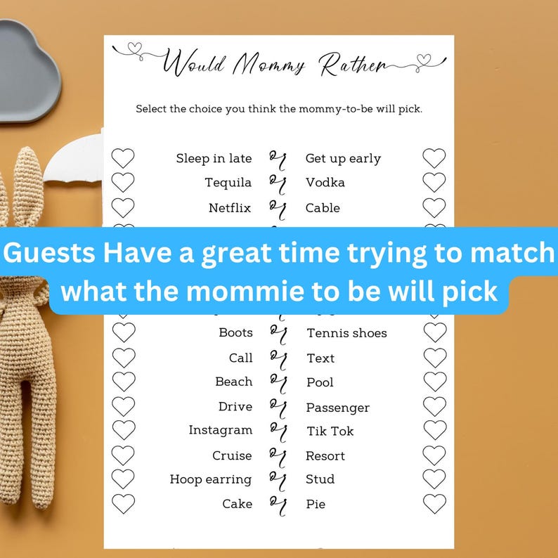 Custom Baby Shower, Printed Baby Shower Game, Baby Shower Games, Would Mommy Rather Would She Rather Minimalist Baby Shower Game Modern